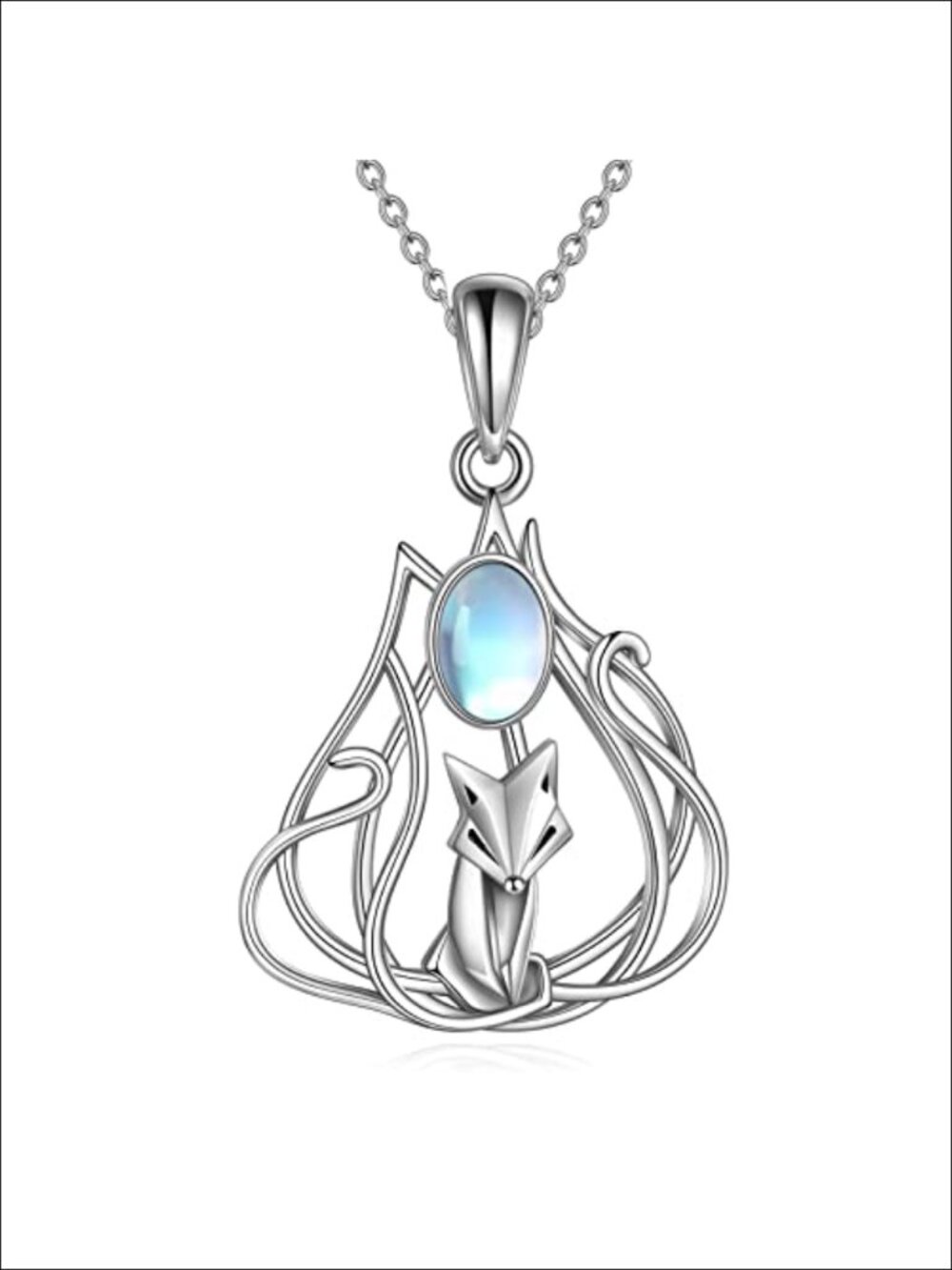 925 Sterling Silver Fox Pendant Necklace Moonstone 18 Inch Women Jewelry Gift